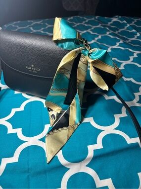 New Silk-Feel Teal and Gold Patterned Scarf Twilly Purse Bag 1.5” x 40”